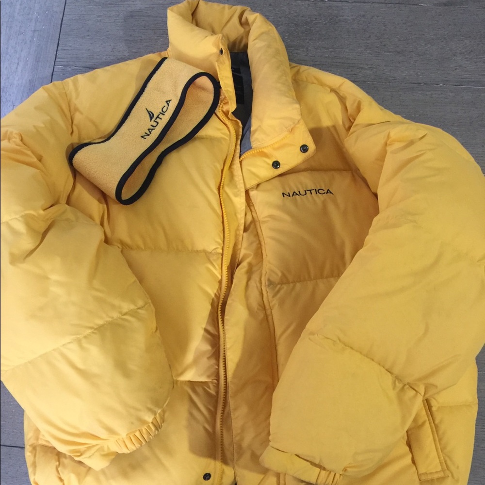 Own this canary yellow puffer w/ headband!